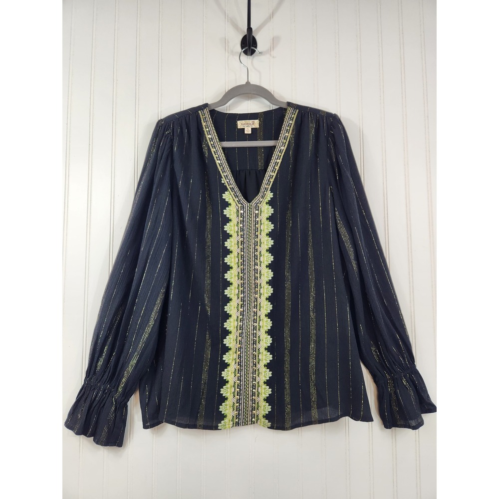 One World Boho Embroidered V-Neck Blouse Black Gold Metallic‎ Stripe XL Peasant